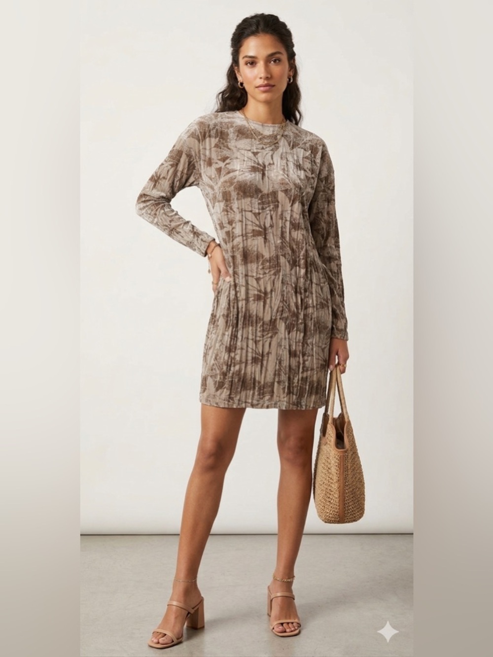 Zara Taupe Brown Abstract Leaf Print Midi Dress Mock Neck Boho Crinkle MEDIUM - Picture 1 of 12